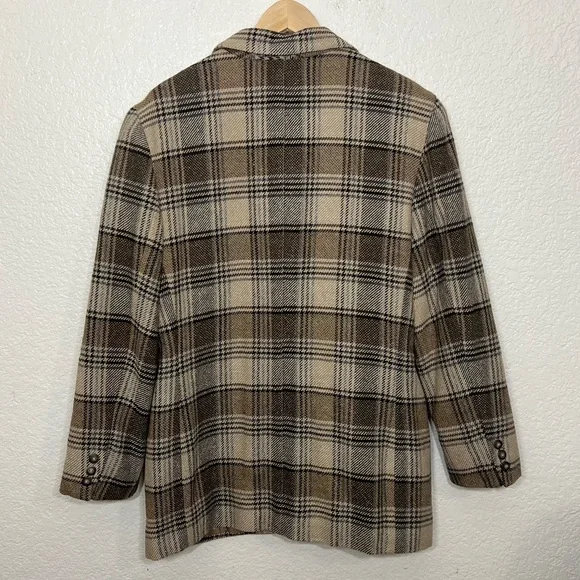90’s Vintage Liz Claiborne Plaid Structured Wool Blend Blazer Tan Brown Size 12 - Picture 2 of 12